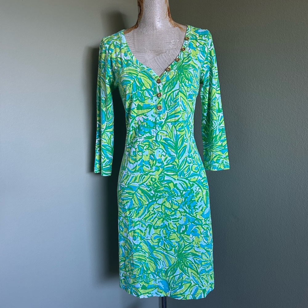 Lilly Pulitzer Vibrant Green and Blue 3/4 Sleeve shift Dress